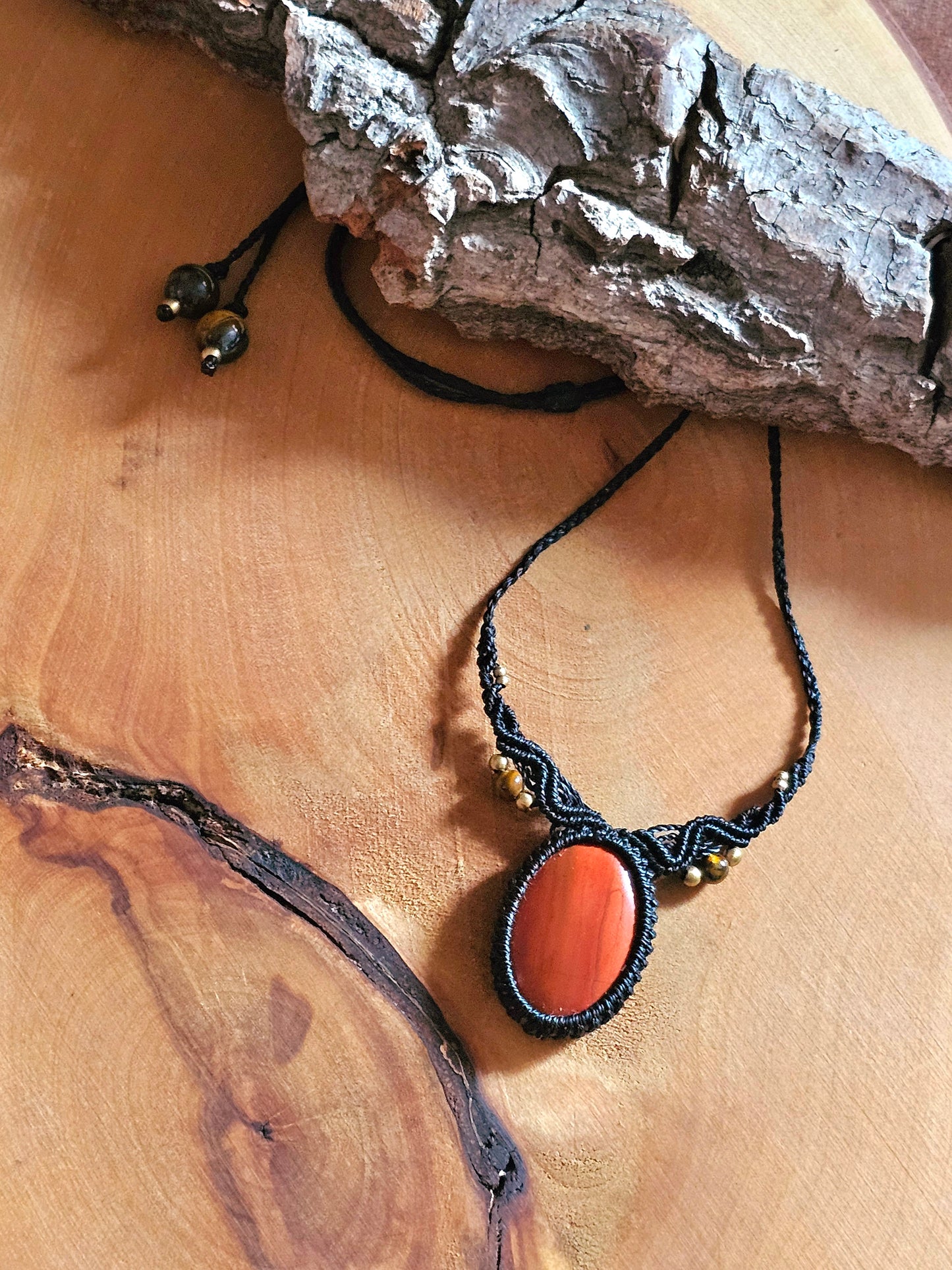 Halskette Jaspis Tigerauge Makramee Schmuck Handarbeit