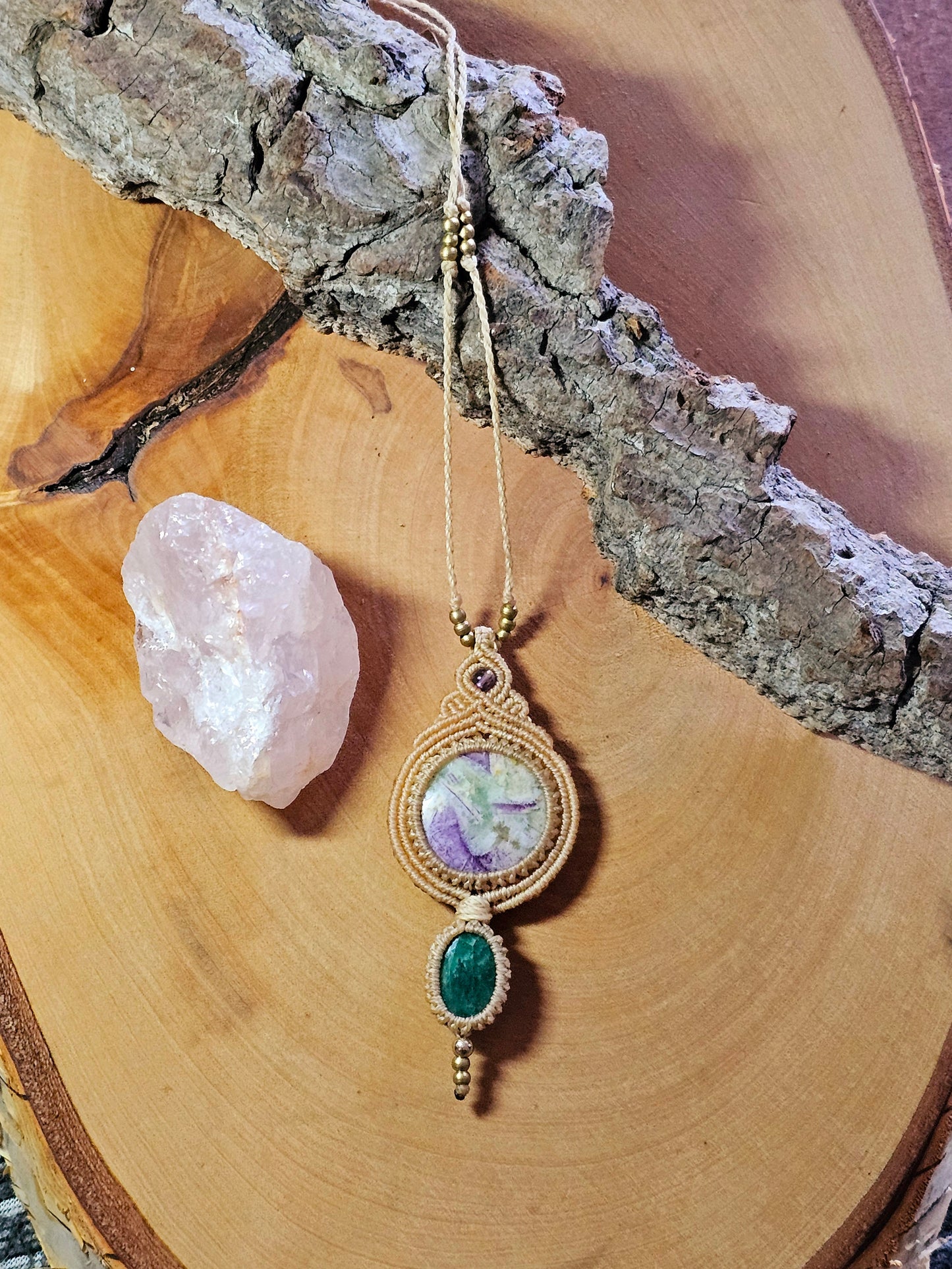 Halskette super seven Charoit Smaragd Makramee Schmuck Handarbeit